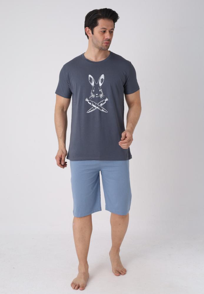 Pijama barbat cu maneca scurta si pantaloni 3/4, culoare gri inchis, Engros